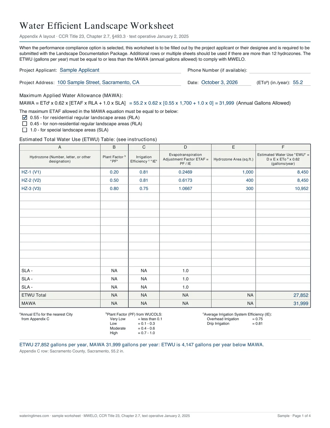 Page one of a sample worksheet for Sacramento: the header, the allowance line, three zones and the two totals